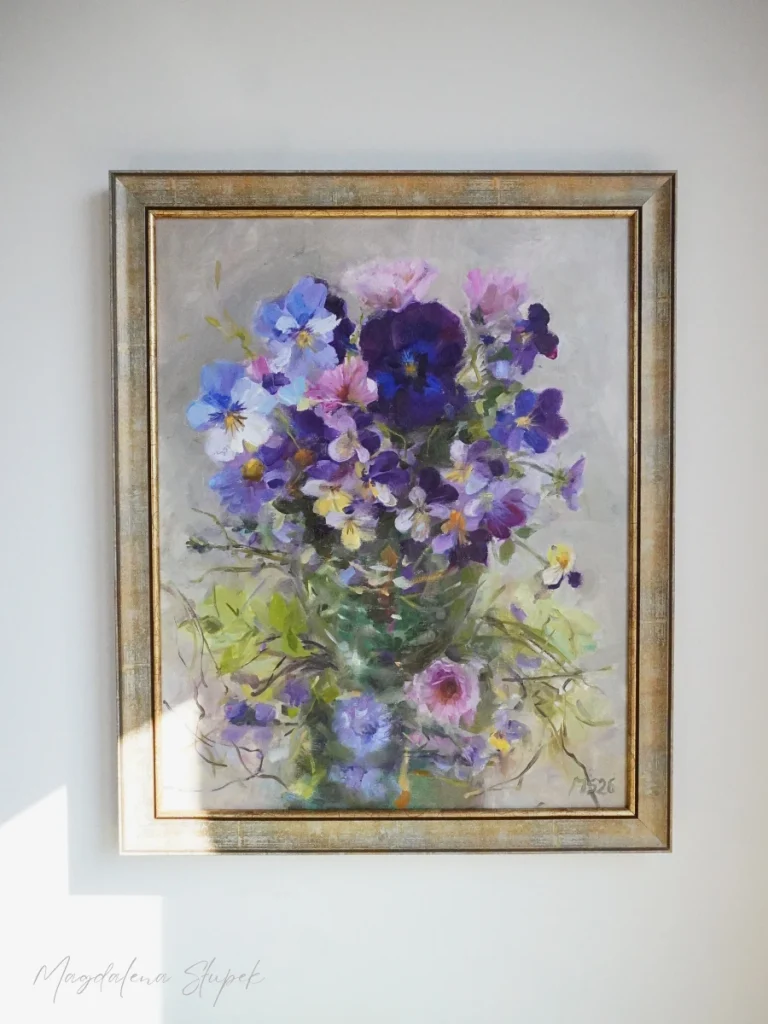 Obraz olejny do wnętrz Wiosenne bratki Magdalena Słupek