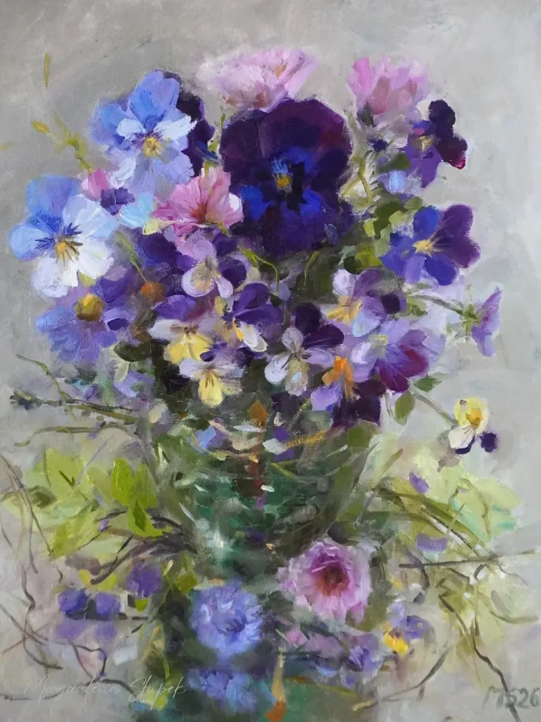 Obraz olejny na płótnie Wiosenne bratki Magdalena Słupek