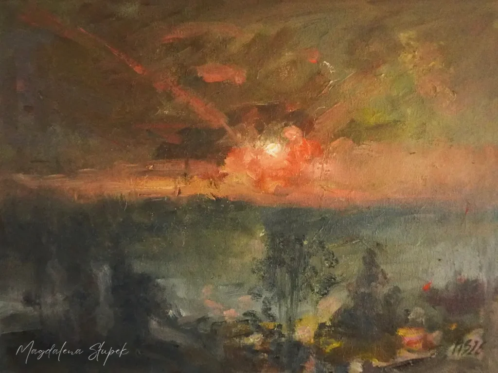 Pejzaż jesienny w kolorach pomarańczu i zieleni